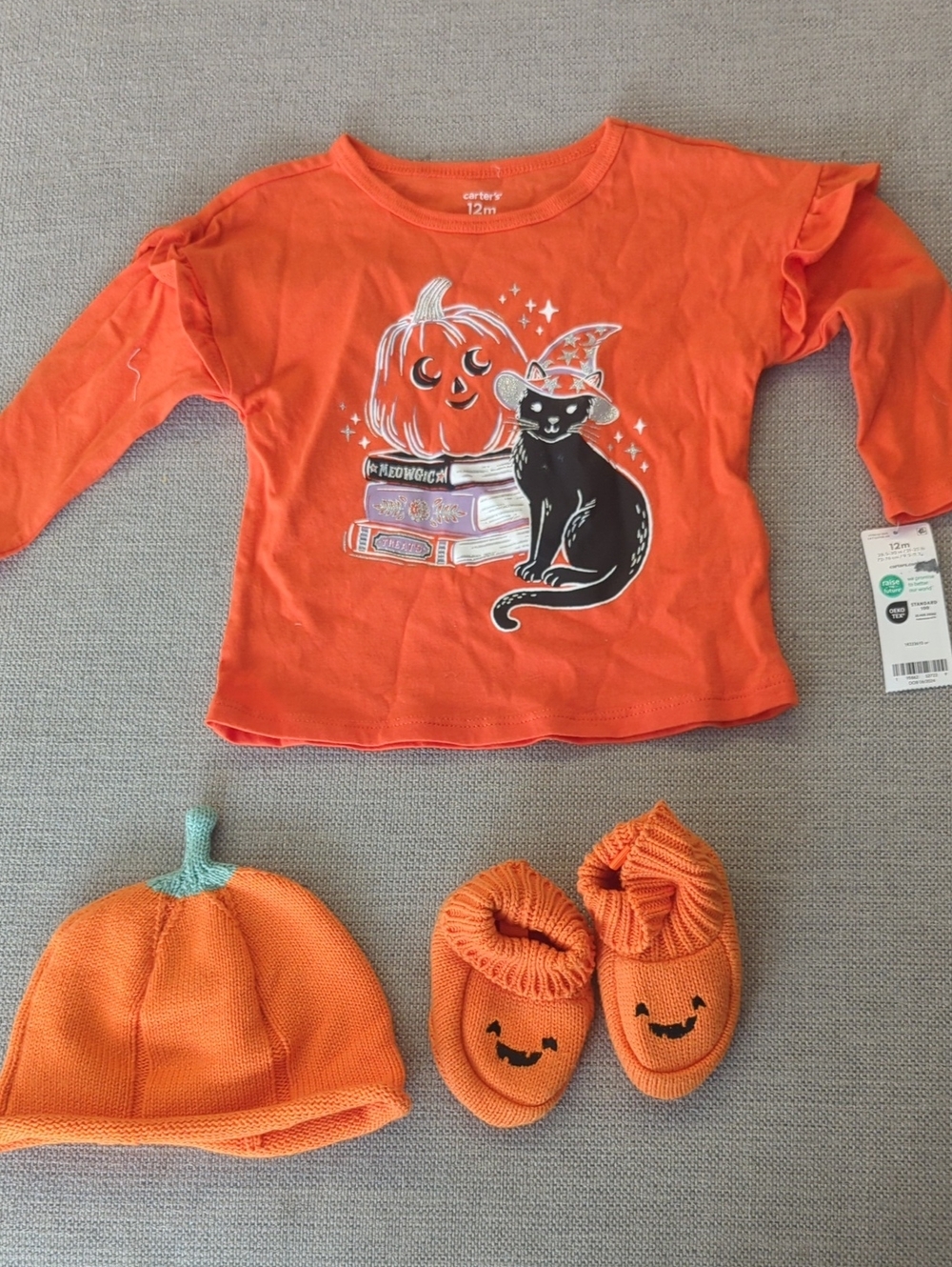 Carter's Orange Halloween top, Booties And Hat